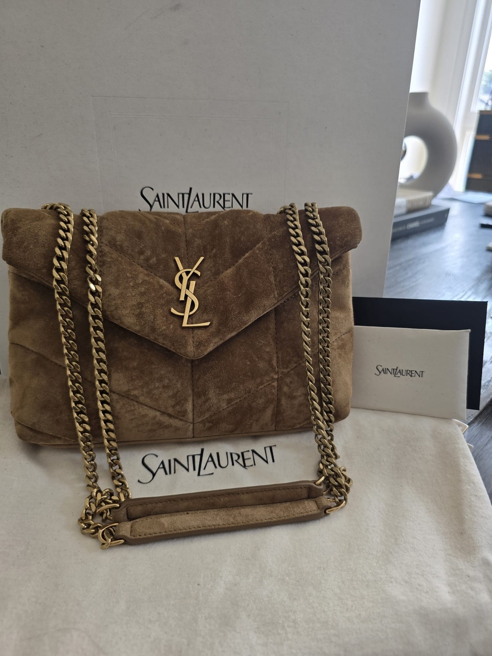 Saint Laurent Brown Suede Quilted Loulou Chain Crossbody